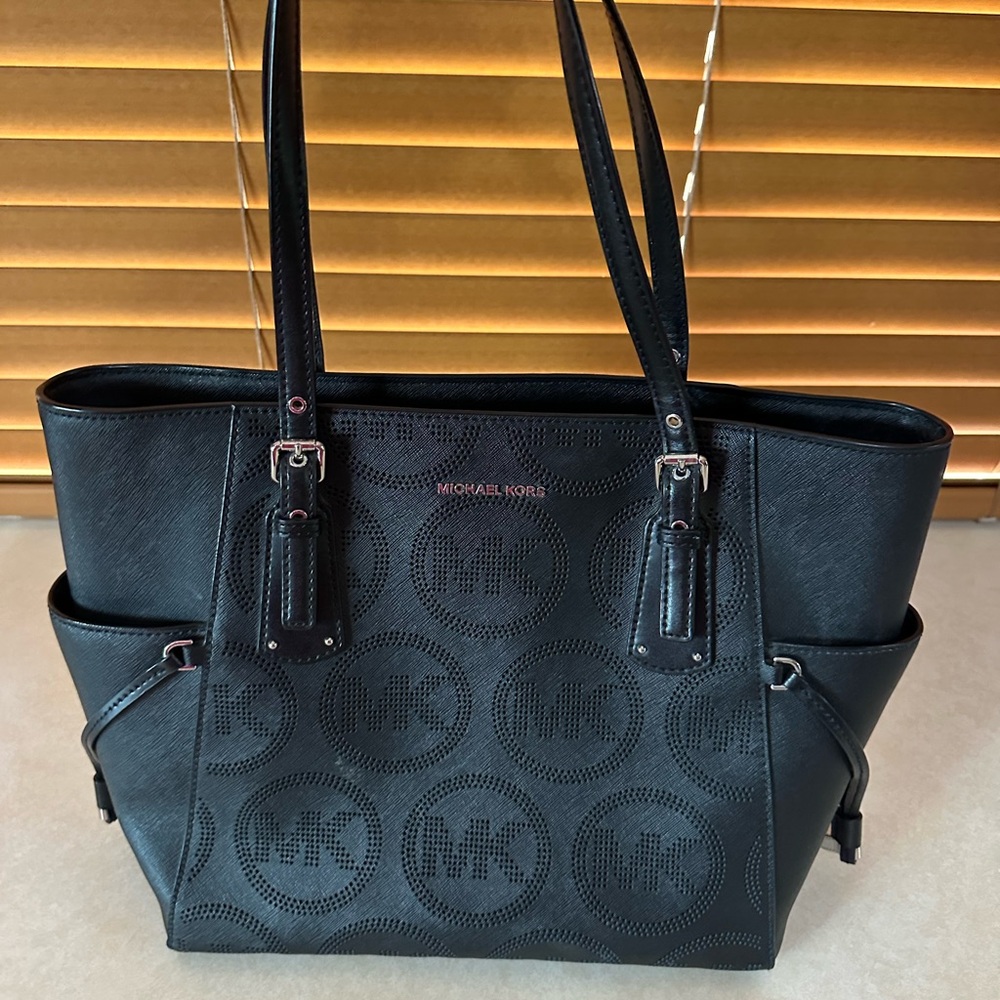 Michael Kors Black Perforated MK Logo Tote with Side Pockets
